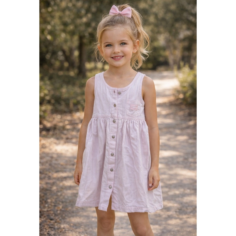 OshKosh Bgosh Vintage Girls Pink White Striped Cotton Dress Size 5 Summer Easter